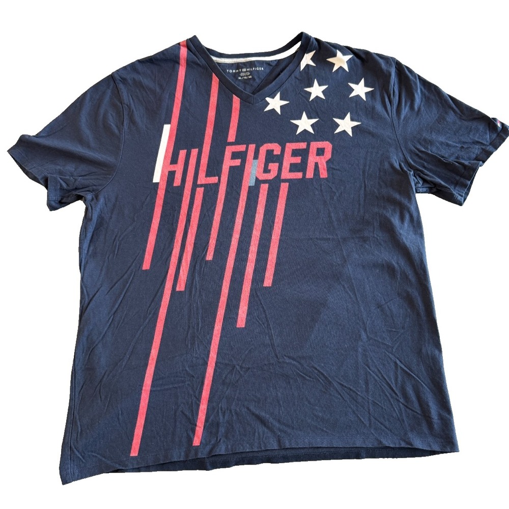Tommy Hilfiger‎ Shirt Mens Xl Blue Cotton Short Sleeve Logo Spell out V Neck